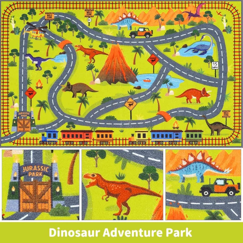 LIVEBOX Jurassic Park Kids Rug with Road Tracks - Dinosaur Themed Play Mat for Toy Cars, Non-Slip and Machine Washable Carpet for Playroom (3x5 FT) - Image 2
